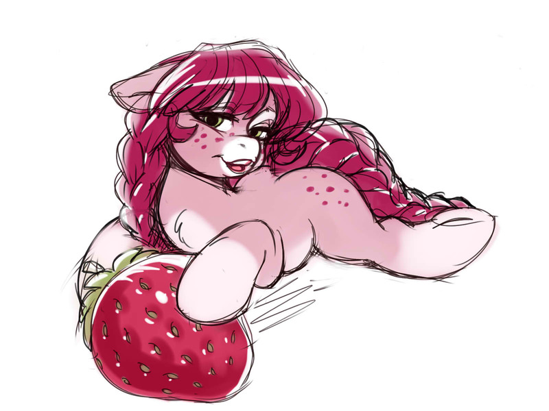 Size: 1600x1200 | Tagged: safe, artist:noupie, derpibooru import, oc, oc:strawberry sweet, earth pony, pony, female, food, mare, prone, solo, strawberry