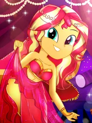 Size: 1800x2400 | Tagged: safe, artist:artmlpk, derpibooru import, sunset shimmer, genie, equestria girls, adorable face, adorasexy, adorkable, bare chest, bare shoulders, beautiful, belly dancer, belly dancer outfit, bracelet, clothes, crown, curtains, cute, dancing, design, digital art, dork, dress, egyptian, eyelashes, female, geniefied, goddess, gold, grin, hair, harem outfit, jewelry, legs, looking at you, midriff, outfit, palace, pillow, pose, regalia, sarong, see-through, sexy, shimmerbetes, skirt, skirt lift, sleeveless, smiley face, smiling, smiling at you, solo, strapless, stupid sexy sunset shimmer, sunset shimmer is god, watermark