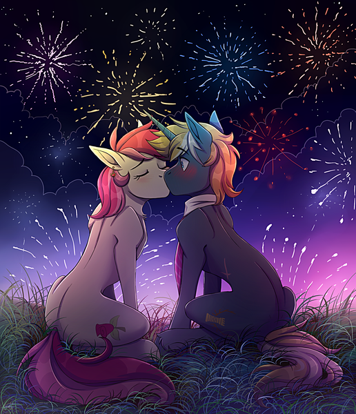 Size: 2231x2593 | Tagged: safe, artist:1an1, derpibooru import, roseluck, oc, earth pony, pony, unicorn, blushing, canon x oc, clothes, cute, cutie mark, equine, eyes closed, female, fireworks, high res, kissing, male, sitting, straight