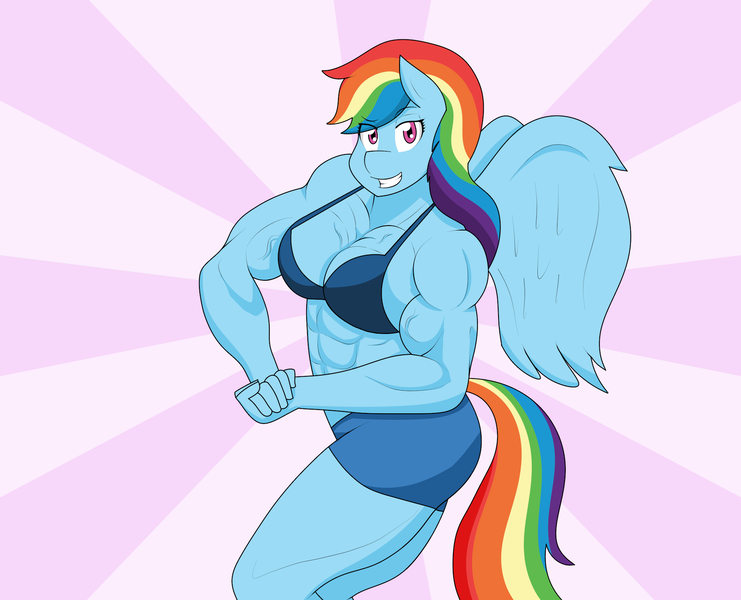 Size: 1962x1588 | Tagged: safe, artist:matchstickman, derpibooru import, rainbow dash, anthro, pegasus, abs, bikini, bikini top, clothes, commission, compression shorts, female, flexing, grin, image, muscles, muscular female, pecs, png, pose, rainbuff dash, smiling, solo, swimsuit