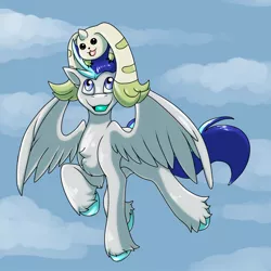 Size: 1280x1280 | Tagged: safe, artist:heart-of-a-dragoness, derpibooru import, oc, oc:aspen volare, pegasus, terriermon, digimon, flying