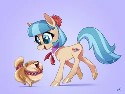Size: 4183x3150 | Tagged: safe, artist:docwario, derpibooru import, coco pommel, dog, earth pony, pony, shiba inu, cocobetes, colored hooves, cute, female, happy, leg fluff, mare, open mouth, pom pom, shibe, simple background, tongue out, violet background, weapons-grade cute