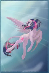 Size: 2000x3000 | Tagged: safe, artist:rainbowswirlmlp, derpibooru import, twilight sparkle, twilight sparkle (alicorn), alicorn, pony, cloud, eyes closed, female, flying, leonine tail, mare, sky, smiling, solo, sun rays, sunlight