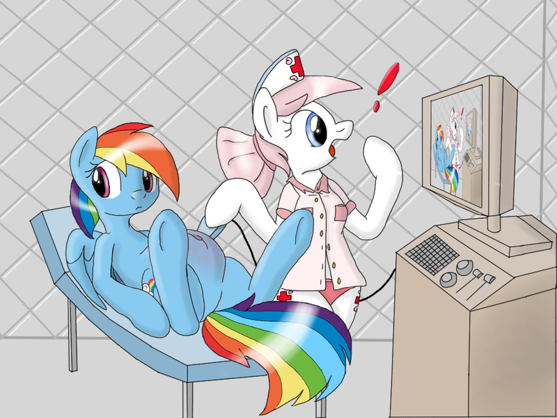 Size: 1024x768 | Tagged: artist:tg-0, clothes, derpibooru import, droste effect, edit, exploitable meme, featureless crotch, meme, nurse redheart, panties, pink underwear, preggo dash, pregnant, rainbow dash, recursion, safe, ultrasonic rainboom, ultrasound, underwear