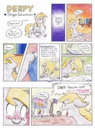 Size: 990x1333 | Tagged: safe, artist:lost marbles, derpibooru import, derpy hooves, dinky hooves, pegasus, pony, unicorn, comic:derpy - stripper extraordinaire, bag, coat rack, comic, dialogue, dictionary, door, doormat, embarrassed, female, hat, mother and child, mother and daughter, saddle bag, traditional art, trash can, umbrella hat