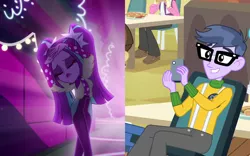Size: 1736x1080 | Tagged: safe, derpibooru import, edit, edited screencap, screencap, aria blaze, bright idea, microchips, nolan north, wiz kid, equestria girls, equestria girls (movie), equestria girls series, find the magic, spoiler:eqg series (season 2), ariachips, chair, cropped, female, food, french fries, light, male, mobile phone, offscreen character, phone, pose, shipping, shipping domino, straight