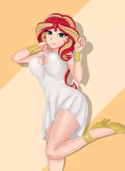 Size: 1663x2268 | Tagged: safe, artist:anonix123, derpibooru import, sunset shimmer, human, equestria girls, boob window, breasts, busty sunset shimmer, clothes, dress, female, high heels, human coloration, looking at you, shoes, solo