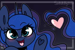 Size: 3600x2400 | Tagged: safe, artist:sakukitty, derpibooru import, princess luna, pony, blushing, bust, cute, female, heart, heart hoof, high res, looking at you, lunabetes, mare, open mouth, portrait, solo, weapons-grade cute