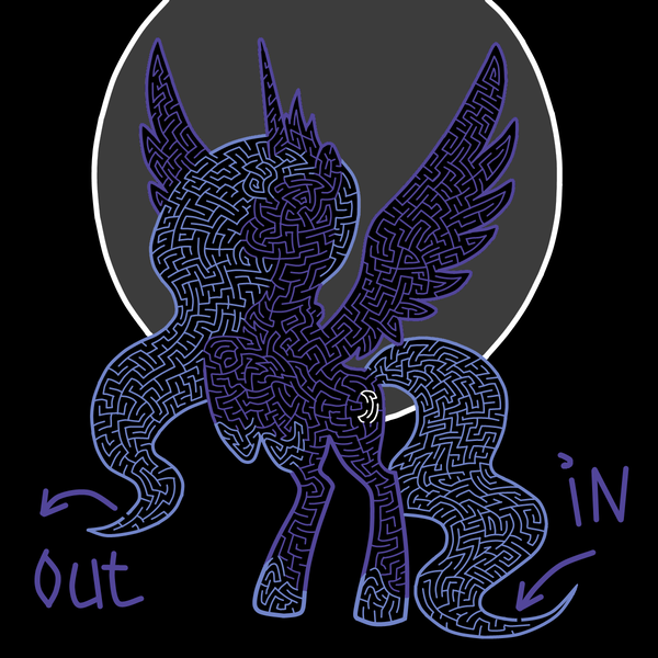 Size: 1200x1200 | Tagged: safe, artist:akellf, derpibooru import, princess luna, arrow, black background, crown, female, jewelry, maze, moon, regalia, s1 luna, simple background, solo, text