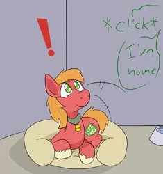 Size: 1000x1063 | Tagged: safe, artist:happy harvey, derpibooru import, big macintosh, earth pony, pony, bed, behaving like a dog, big macindog, collar, colored pupils, cute, cutie mark, dialogue, dog bed, drawn on phone, laying on bed, macabetes, male, offscreen character, on bed, pet, pony pet, raised head, stallion, water bowl