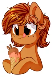 Size: 550x815 | Tagged: safe, artist:thieftea, derpibooru import, oc, oc:sign, unofficial characters only, pony, unicorn, bust, female, food, freckles, hoof hold, ice cream, licking, licking lips, simple background, solo, tongue out, white background