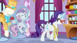 Size: 1920x1080 | Tagged: safe, derpibooru import, screencap, rarity, sweetie belle, pony, unicorn, growing up is hard to do, belle sisters, bowtie, female, filly, glasses, glowing horn, hat, horn, magic, mannequin, mare, measuring tape, pincushion, siblings, sisters, telekinesis, top hat