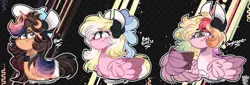 Size: 2500x850 | Tagged: safe, artist:jxst-starly, derpibooru import, oc, oc:alan, oc:bay breeze, oc:daydreamer, pegasus, unicorn, abstract background, belt, book, bow, hat, horn, pegasus oc, stars, unicorn oc, wings