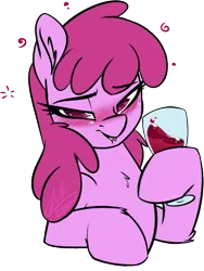 Size: 573x764 | Tagged: safe, artist:light262, derpibooru import, berry punch, berryshine, earth pony, pony, alcohol, blushing, bust, chest fluff, drunk, ear fluff, female, glass, hoof hold, image, leg fluff, lidded eyes, lip bite, looking at you, mare, png, signature, simple background, smiling, solo, transparent background, wine, wine glass