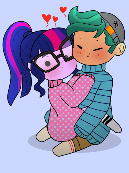 Size: 1800x2400 | Tagged: safe, artist:cxpcakes, derpibooru import, sci-twi, timber spruce, twilight sparkle, equestria girls, beady eyes, blue background, blushing, chibi, clothes, couple, cuddling, cute, digital art, female, floating heart, heart, hoodie, looking at you, looking back, looking back at you, love, male, oversized clothes, oversized shirt, shipping, shirt, simple background, socks, straight, sweater, timberbetes, timbertwi, twiabetes