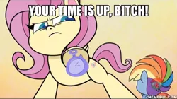 Size: 600x337 | Tagged: safe, derpibooru import, edit, edited screencap, screencap, fluttershy, rainbow dash, death of a sales-pony, my little pony: pony life, spoiler:pony life s01e07, spoiler:pony life s01e08, caption, giantshy, image macro, memeful.com, text, vulgar