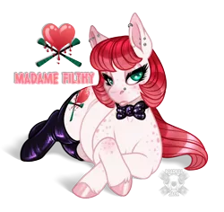 Size: 1280x1209 | Tagged: safe, artist:champ, derpibooru import, oc, oc:madame filthy, unofficial characters only, earth pony, pony, bowtie, clothes, crossed legs, ear piercing, earring, female, freckles, jewelry, latex, latex socks, lidded eyes, mare, nose piercing, nose ring, piercing, prone, simple background, socks, solo, transparent background