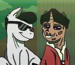 Size: 1600x1400 | Tagged: safe, artist:theedgyduck, derpibooru import, ponified, earth pony, ghoul, pony, undead, unicorn, clothes, coat, crossover, deacon, duo, fallout, fallout 4, hat, john hancock, male, sunglasses