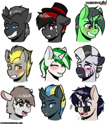 Size: 3992x4627 | Tagged: safe, artist:jcosneverexisted, derpibooru import, oc, oc:alicia the alpaca, oc:archex, oc:happy battery, oc:king regal, oc:kona, oc:mint leaf, oc:thunder, oc:varan, oc:wub wub, unofficial characters only, alpaca, changeling, pony, angry, blue changeling, blushing, bust, crying, eyes closed, female, hat, male, mare, portrait, red and black oc, sad, stallion