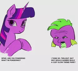 Size: 1129x1024 | Tagged: safe, artist:nire, derpibooru import, edit, cozy glow, spike, twilight sparkle, dialogue, dick flattening, hasbro, meme, parody, pinkie and the brain, pinky and the brain, ponified meme, text, theme park, wojak