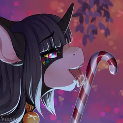 Size: 1280x1280 | Tagged: suggestive, artist:pesaart, derpibooru import, oc, unofficial characters only, anthro, unicorn, bust, candy, candy cane, christmas, collar, commission, digital art, eating, food, holiday, horn, icon, licking, mistletoe, open mouth, portrait, suggestive eating, tongue out, ych result