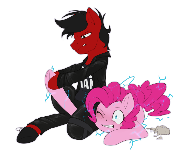 Size: 3100x2480 | Tagged: safe, artist:jadekettu, derpibooru import, pinkie pie, oc, oc:kervin, earth pony, pegasus, pony, angry, becky lynch, broken, caffeine, clothes, coffee, coffee mug, commission, commissioner:kervin, dis-arm-her, electricity, female, finisher, frown, gritted teeth, injured, jacket, lightning, male, mug, one eye closed, pants, pegasus oc, red and black oc, revenge, sequel, shirt, shoes, sports, submission, submission hold, this will end in happiness, this will end in pain, this will end in victory, wings, wrestling, wwe