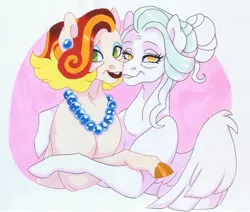 Size: 3511x2974 | Tagged: safe, artist:frozensoulpony, derpibooru import, oc, oc:jade luck, oc:little lady, unofficial characters only, earth pony, pegasus, pony, adopted offspring, ear piercing, earring, female, hug, jewelry, mare, necklace, offspring, older, parent:applejack, parent:jet set, parent:rarity, parents:applejet, piercing