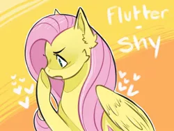 Size: 1280x960 | Tagged: safe, artist:sleepiheadi, derpibooru import, fluttershy, pegasus, pony, abstract background, bust, cheek fluff, covering mouth, ear fluff, female, heart, looking at something, looking away, looking down, mare, name, open mouth, outline, profile, raised hoof, solo, white outline, wings