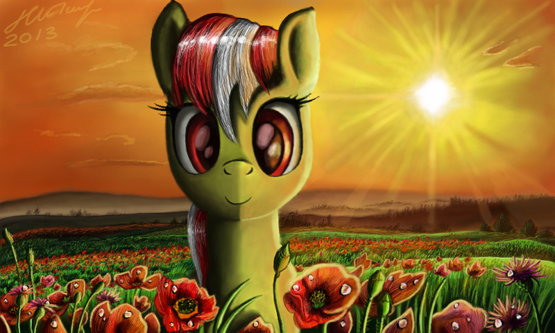 Size: 854x512 | Tagged: safe, artist:dreamyskies, derpibooru import, oc, unofficial characters only, earth pony, pony, 3ds, beautiful, complex background, detailed, earth pony oc, flower, fourth wall, looking at you, nature, poppy (flower), scenery, scenery porn, smiley face, solo, sunset