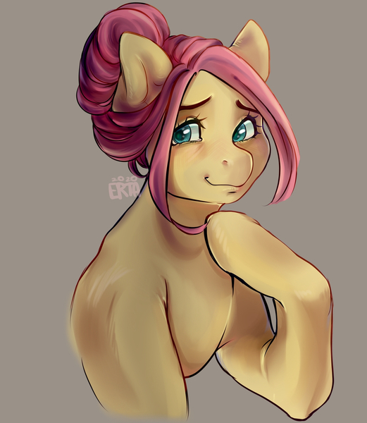 Size: 1280x1474 | Tagged: safe, artist:ertadinx, derpibooru import, fluttershy, pony, alternate hairstyle, bust, female, gray background, hoof on chest, looking at you, looking sideways, mare, simple background, smiling, solo, three quarter view