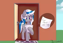 Size: 538x369 | Tagged: safe, artist:itwasscatters, derpibooru import, oc, oc:lady lightning strike, pegasus, pony, blushing, cute, detailed background, door, doorway, female, house, letter, solo