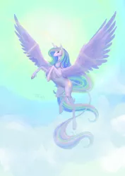 Size: 2480x3508 | Tagged: safe, artist:dalagar, derpibooru import, princess celestia, alicorn, pony, cloud, cloven hooves, female, flying, high res, hoers, leonine tail, majestic, mare, sky, solo, unshorn fetlocks