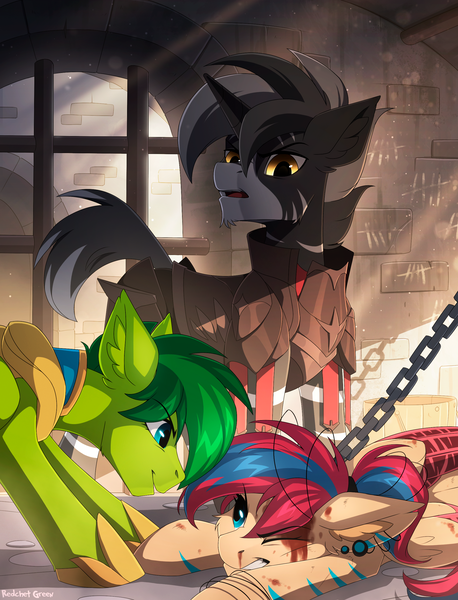 Size: 2000x2619 | Tagged: semi-grimdark, artist:redchetgreen, derpibooru import, oc, oc:evergreen feathersong, oc:oculus rift, oc:shadow strike, unofficial characters only, pegasus, pony, unicorn, blood, trio