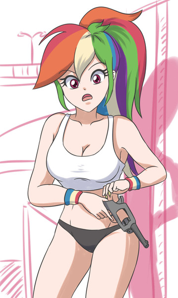 Size: 1366x2283 | Tagged: suggestive, artist:sumin6301, color edit, derpibooru import, edit, editor:michaelsety, rainbow dash, human, equestria girls, ammunition, breasts, bullet, busty rainbow dash, colored, female, gun, handgun, human coloration, humanized, light skin, light skin edit, open mouth, revolver, skin color edit, solo, weapon, wristband