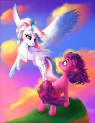Size: 727x935 | Tagged: safe, artist:dragonae, derpibooru import, skywishes, star catcher, earth pony, pegasus, pony, dancing in the clouds, female, g3, lesbian, shipping, skycatcher, wind, windswept mane