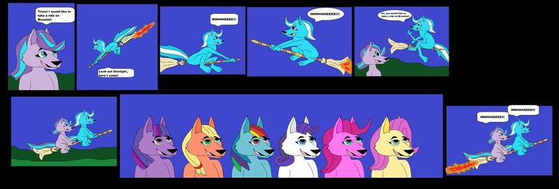 Size: 1280x434 | Tagged: safe, artist:mojo1985, derpibooru import, applejack, fluttershy, pinkie pie, rainbow dash, rarity, starlight glimmer, trixie, twilight sparkle, wolf, broom, flying, flying broomstick, mane six, ryansmither1 is a request whore, species swap, wolfified