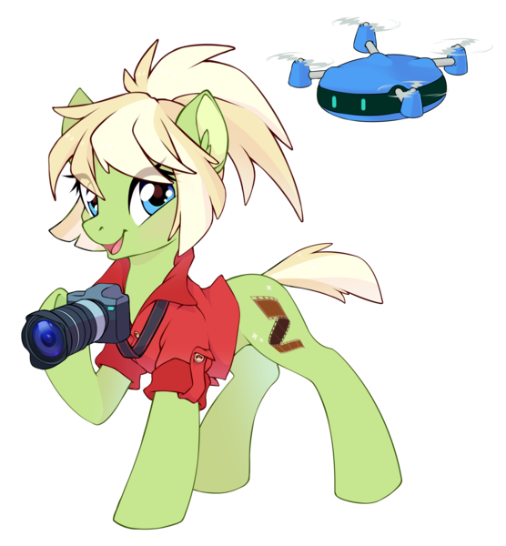 Size: 2509x2708 | Tagged: safe, artist:ginjallegra, derpibooru import, oc, oc:arion, oc:milli, unofficial characters only, earth pony, pony, robot, derpibooru community collaboration, 2021 community collab, camera, clothes, drone, earth pony oc, eponafest, female, jacket, ponytail, simple background, smiling, smiling at you, solo, transparent background, vector