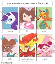 Size: 1080x1269 | Tagged: safe, artist:absolutlygrey, derpibooru import, eloise, rarity, anthro, human, pony, unicorn, wolf, six fanarts, animal crossing, anthro with ponies, audie (animal crossing), bedroom eyes, bee and puppycat, bust, clothes, crossover, doremi harukaze, female, hat, kill la kill, magical doremi, mare, ojamajo doremi, ryuko matoi, senketsu, smiling, sunglasses, witch, witch apprentice, witch hat, witchling