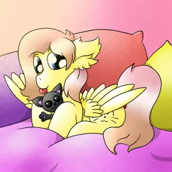 Size: 4000x4000 | Tagged: safe, artist:raktor, derpibooru import, oc, oc:barpy, unofficial characters only, pegasus, pony, bed, ear fluff, male, mlem, pillow, plushie, silly, solo, tongue out