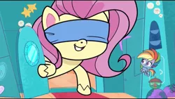 Size: 1136x640 | Tagged: safe, derpibooru import, screencap, fluttershy, rainbow dash, pegasus, pony, dol-fin-ale, my little pony: pony life, spoiler:pony life s01e12, spoiler:pony life s01e18, blindfold, female, giantess, giantshy, macro