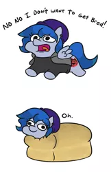 Size: 859x1323 | Tagged: safe, artist:jargon scott, derpibooru import, oc, oc:nim, ponified, unofficial characters only, bread pony, food pony, original species, pegasus, pony, adorable distress, beanie, bread, cute, derp, ear piercing, earring, everything went better than expected, female, food, frown, hat, jewelry, mare, oh, open mouth, piercing, pun, running, simple background, smiling, spread wings, squatpony, wat, white background, wide eyes, wings