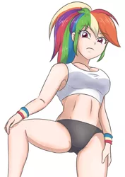 Size: 1653x2338 | Tagged: suggestive, artist:sumin6301, color edit, derpibooru import, edit, editor:michaelsety, rainbow dash, human, equestria girls, armpits, bra, breasts, busty rainbow dash, cleavage, clothes, colored, female, human coloration, humanized, legs, light skin, light skin edit, looking at you, multicolored hair, rainbow hair, short shirt, simple background, skin color edit, solo, solo female, sports, sports bra, sports panties, thighs, underwear, white background