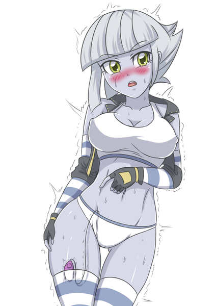 Size: 2066x2923 | Tagged: questionable, artist:sumin6301, derpibooru import, limestone pie, equestria girls, belly button, blushing, blushing profusely, breasts, busty limestone pie, cleavage, clothes, equestria girls-ified, erect nipples, female, gloves, high res, nipple outline, nudity, open mouth, panties, partial nudity, sex toy, shaking, simple background, socks, solo, solo female, striped gloves, striped socks, sweat, underwear, vibrator, white background