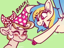 Size: 2000x1500 | Tagged: safe, artist:goshhhh, derpibooru import, oc, oc:cinnamon spangled, oc:sharpie, earth pony, pegasus, pony, bandana, birthday, blushing, cute, eyes closed, female, hat, mare, noisemaker, party hat