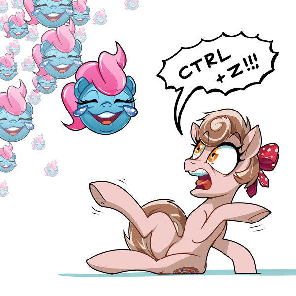 Size: 3150x3150 | Tagged: safe, artist:docwario, derpibooru import, cup cake, oc, oc:cinnamon spangled, earth pony, pony, bow, ctrl z, dialogue, emoji, female, laughing, mare, meme, scared, screaming, shaking, terrified, undo, 😂