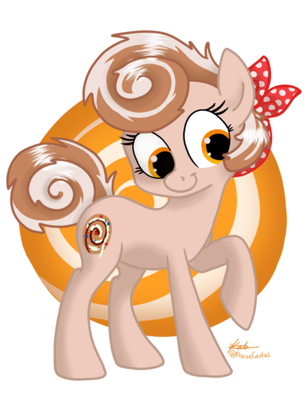 Size: 1024x1366 | Tagged: safe, artist:praisecastiel, derpibooru import, oc, oc:cinnamon spangled, earth pony, pony, abstract background, bandana, cinnamon bun, female, food, looking down, mare, one hoof raised, solo