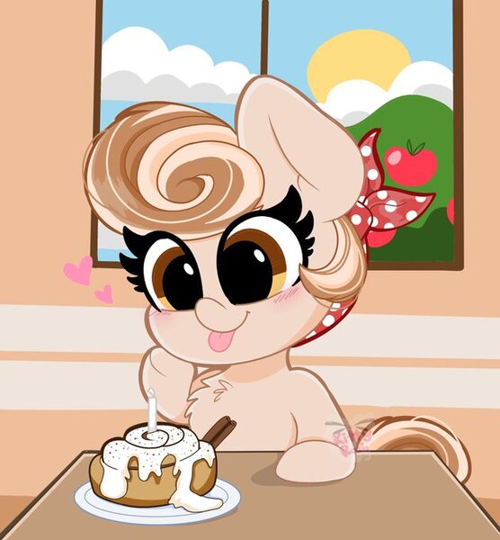 Size: 630x680 | Tagged: safe, artist:kittyrosie, derpibooru import, oc, oc:cinnamon spangled, pony, :p, apple, apple tree, bandana, blushing, cinnamon bun, cute, female, food, heart, mare, ocbetes, solo, table, tongue out, tree, window