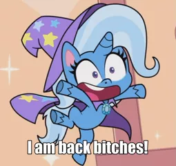 Size: 1147x1079 | Tagged: safe, derpibooru import, edit, screencap, trixie, pony, unicorn, friendship gems, my little pony: pony life, spoiler:pony life s01e12, spoiler:pony life s01e17, best pony, cape, caption, clothes, cropped, cute, diatrixes, dragonball z abridged, female, hat, image macro, mare, reference, solo, team four star, text, text edit, vegeta, vulgar