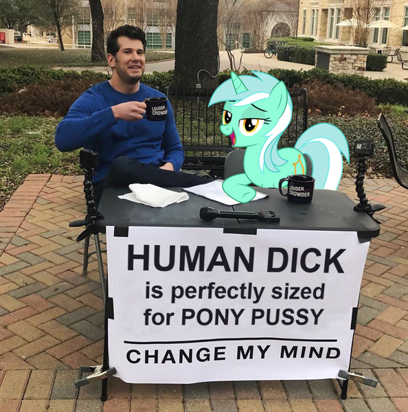 Size: 950x960 | Tagged: questionable, derpibooru import, lyra heartstrings, change my mind, female, human fetish, irl, male, meme, photo, steven crowder, table, that pony sure does love humans