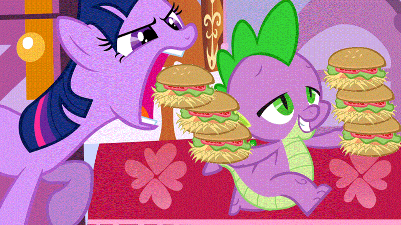 Size: 960x540 | Tagged: safe, artist:memnoch, derpibooru import, edit, screencap, spike, twilight sparkle, dragon, pony, unicorn, green isn't your color, bed, bedroom, borgarposting, burger, female, food, frown, glare, grin, hay burger, herbivore, horses doing horse things, imminent bite, lidded eyes, male, mare, open mouth, out of context, raised hoof, smiling, smirk, twilight burgkle, unicorn twilight, vector, walking